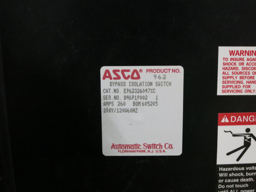 ASCO E962326047XC 260A 208V Automatic Transfer Switch Bypass Isolation 260 Amp (DW5159-2)