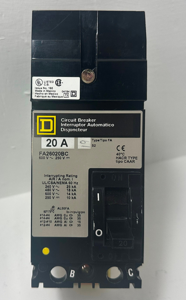 Square D I-Line FA26020BC 20A 2 Pole Circuit Breaker 600V Type FA 20 Amp 2P HACR (EM4662-1)