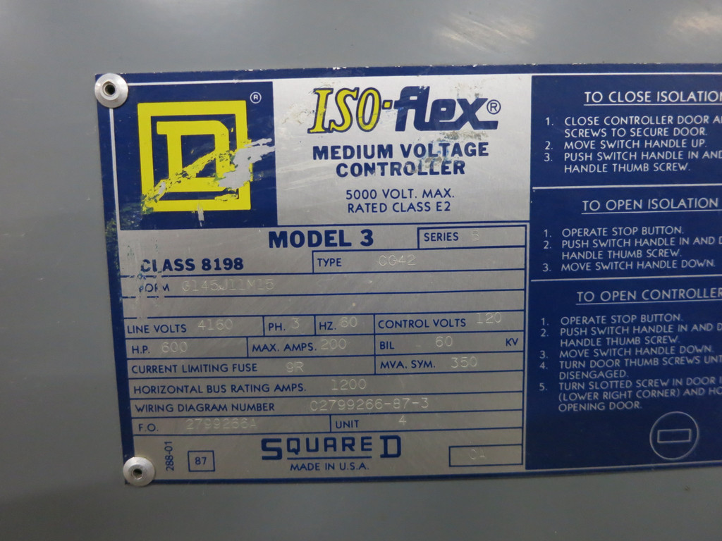 Square D Iso-Flex 5kV 600 HP Motor Controller 4160V 8110-V3540E Vacuum Contactor (DW5250-1)