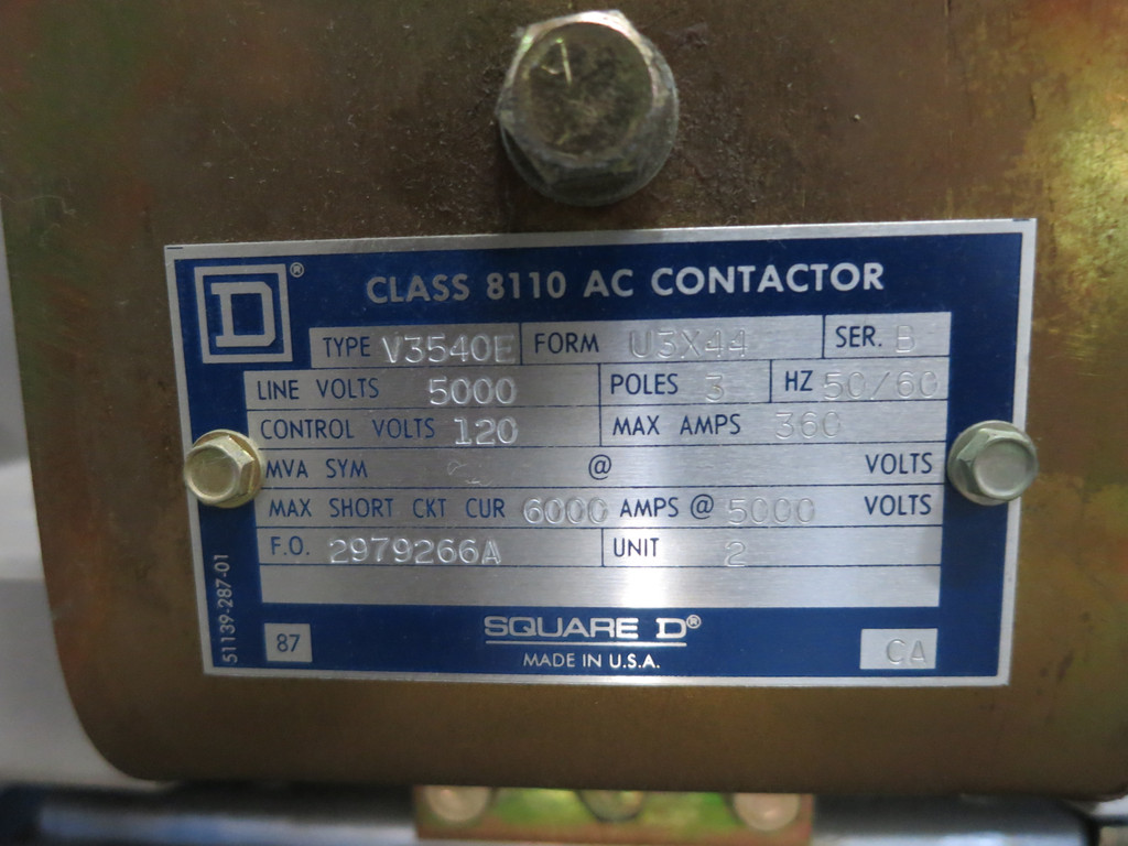 Square D Iso-Flex 5kV 200 HP Motor Controller 4160V 8110-V3540E Vacuum Contactor (DW5258-1)