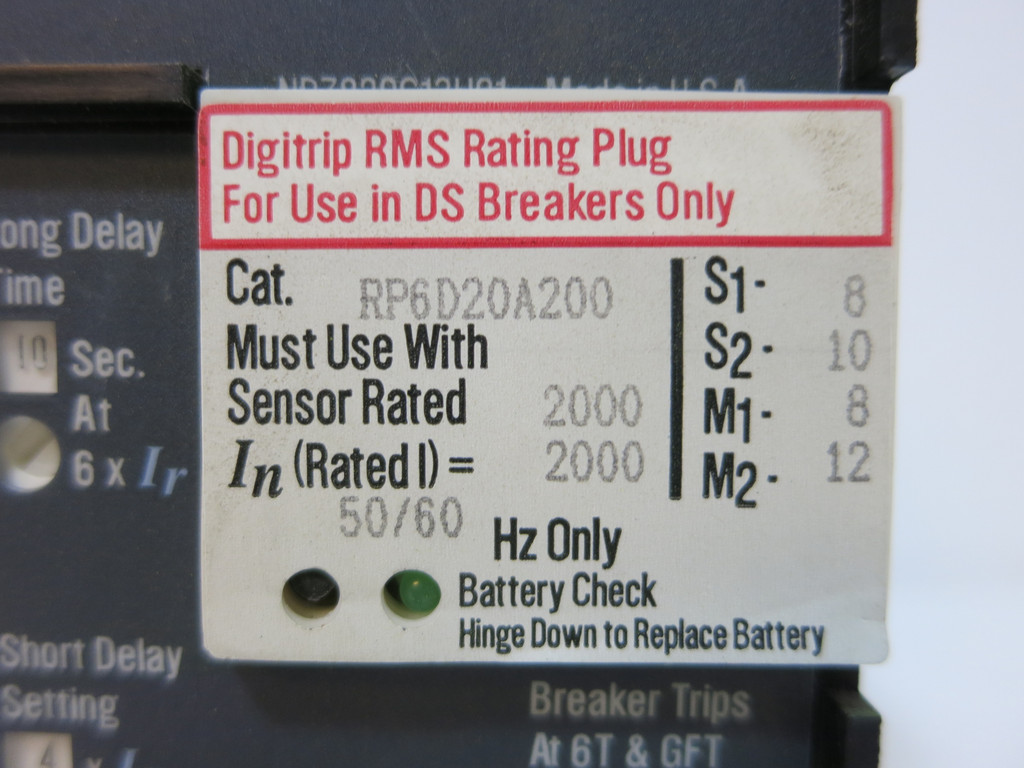 Westinghouse S55LSG 2000A Digitrip RMS 510 Trip Unit RP6D20A200 Plug 2000 Amp (DW5362-1)