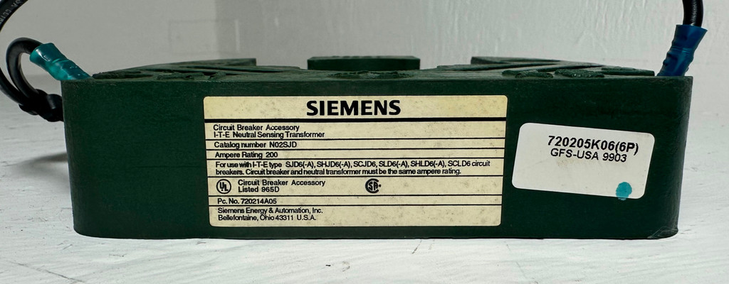 Siemens N02SJD 200A Neutral Sensing Transformer SJD6 SHJD Circuit Breaker ITE CT (EM4707-9)