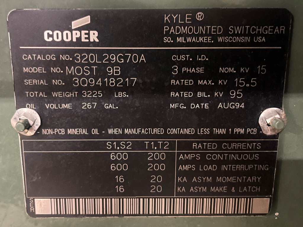 Cooper High Voltage 3R Switch 15kV 600A 320L29G70A Federal Pacific 600 Amp <15.5 (PM3216-1)