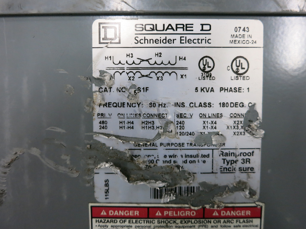 Square D 5S1F 5 kVA 240x480 - 120/240 1PH Dry Type Transformer 3R 240 480 Single (DW5401-69)