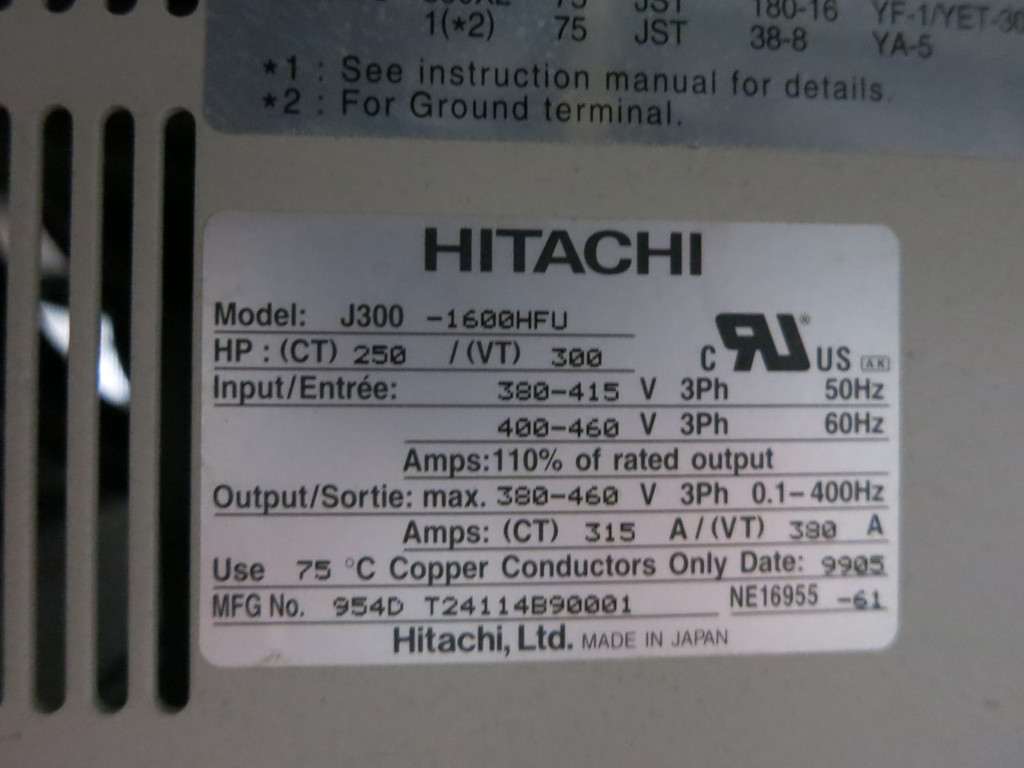 Hitachi J300-1600HFU 250/300 HP IGBT Inverter VS Drive 460V 160 kW York S6H (DW5426-2)