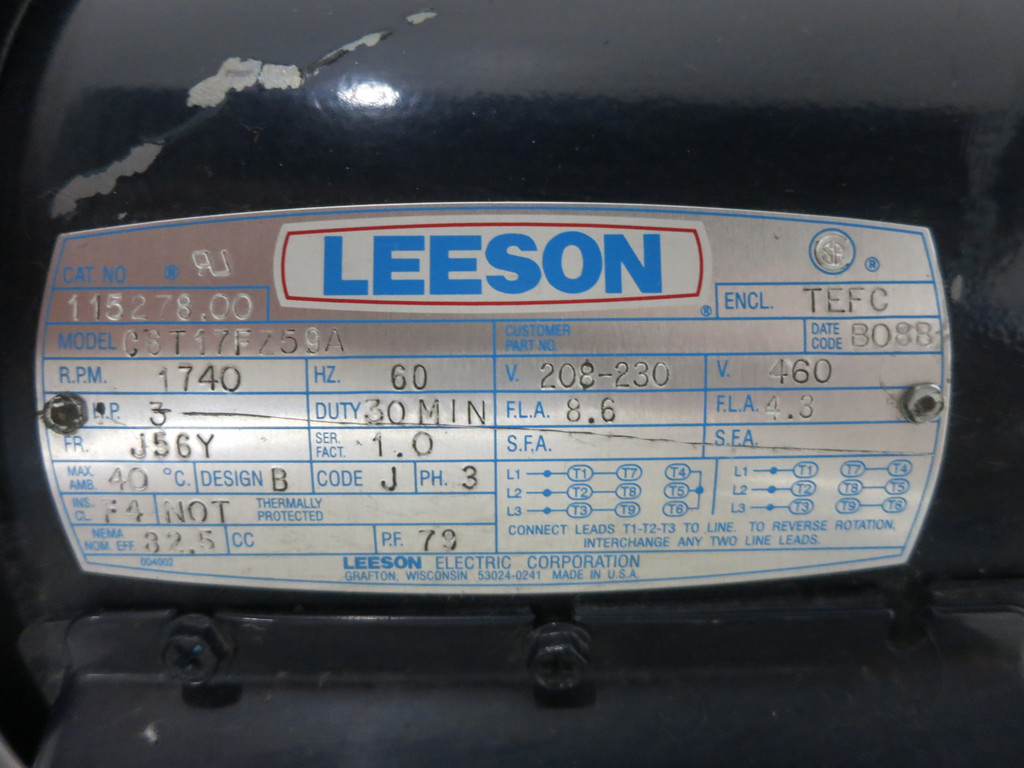 Leeson 115278.00 3HP AC Motor 208-230/460V 1740 RPM C6T17FZ59A TEFC J56Y 3 HP (DW5433-1)