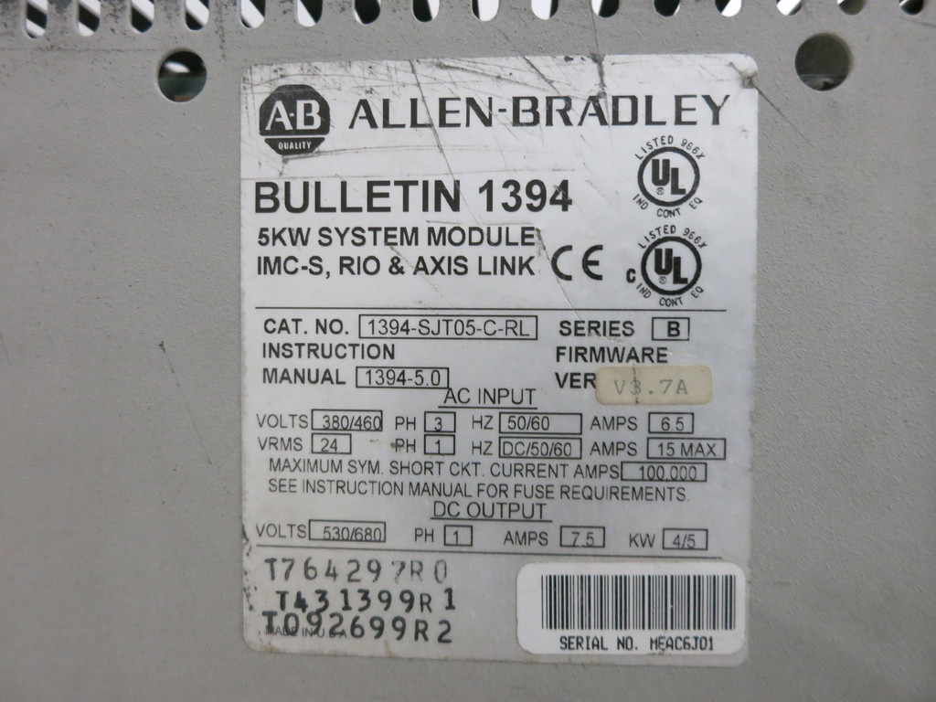 Allen Bradley 1394-SJT05-C-RL Ser B Digital Servo Control Drive GMC 5kW System (DW5528-1)