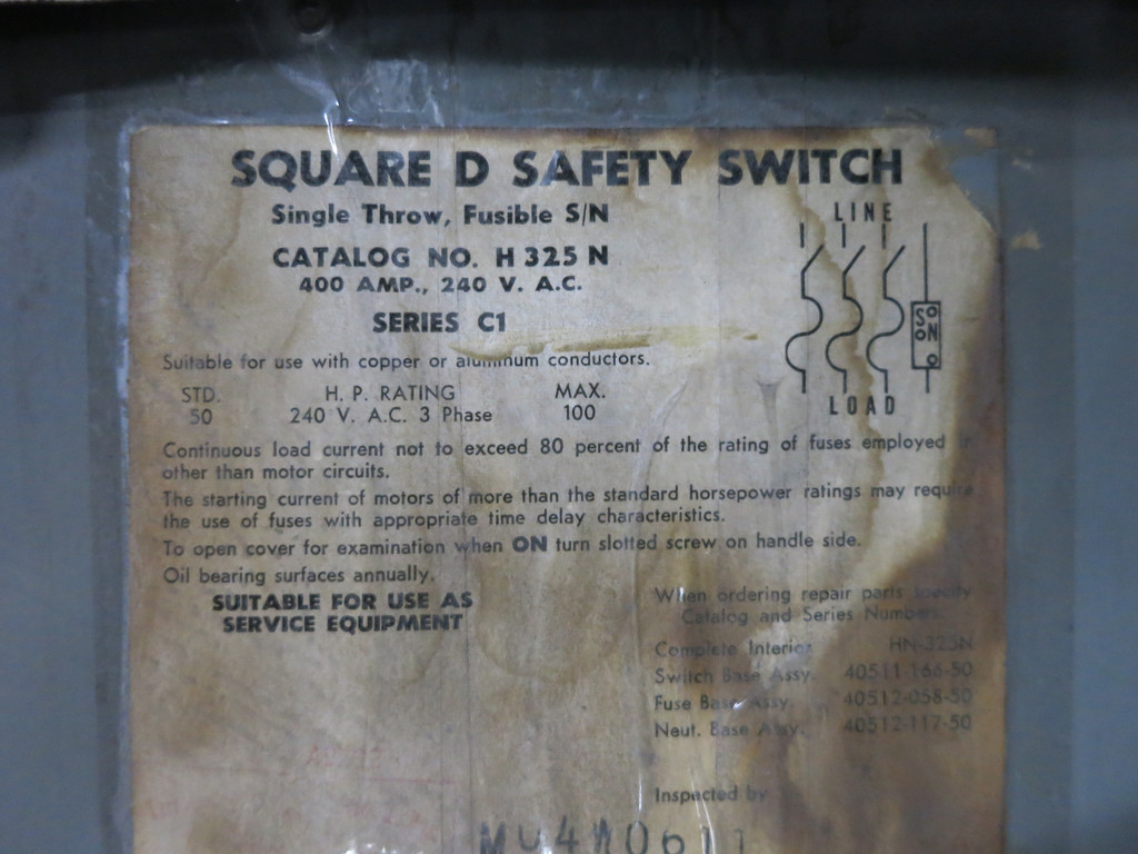 Square D H325N 400A 240V Fusible Safety Switch Disconnect 400 Amp H325-N C1 (DW5587-1)
