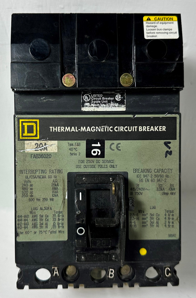 Square D I-Line FAB36020 20A Circuit Breaker 480/600V 3P FAB S2 20 Amp bad label (EM4777-14)
