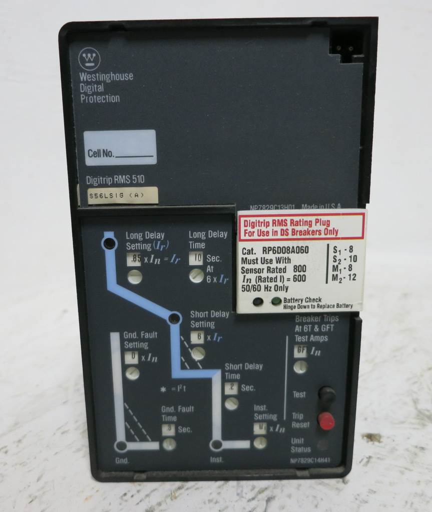 Westinghouse S56LSIG Digitrip RMS 510 Trip Unit RP6D08A060 800/600A Plug 600 Amp (DW5593-3)