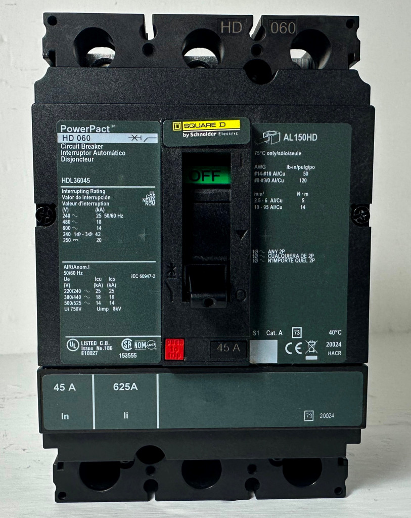 Square D HDL36045 HD 060 45A PowerPact Circuit Breaker HD060 600V 3P 45 Amp HACR (EM4792-7)