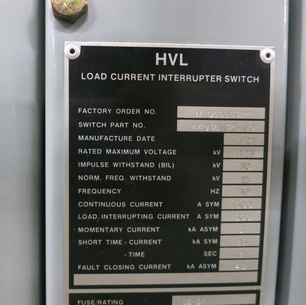 Square D HVL 5kV 600A Fused Load Current Interrupter Switchgear 4.76 kV 600 Amp (DW5616-1)