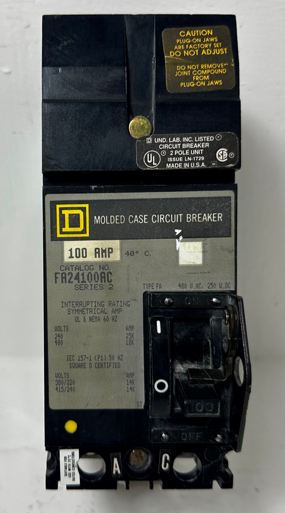 Square D I-Line FA24100AC 100A 2 Pole Circuit Breaker 480 VAC Type FA 2P 100 Amp (EM4806-2)