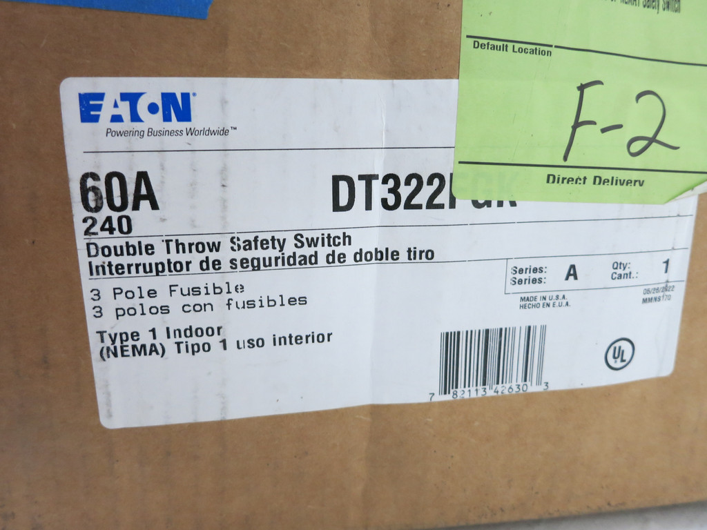 NEW Eaton DT322FGK 60A 240V Double Throw Safety Switch 60 Amp Manual Transfer (DW5629-1)