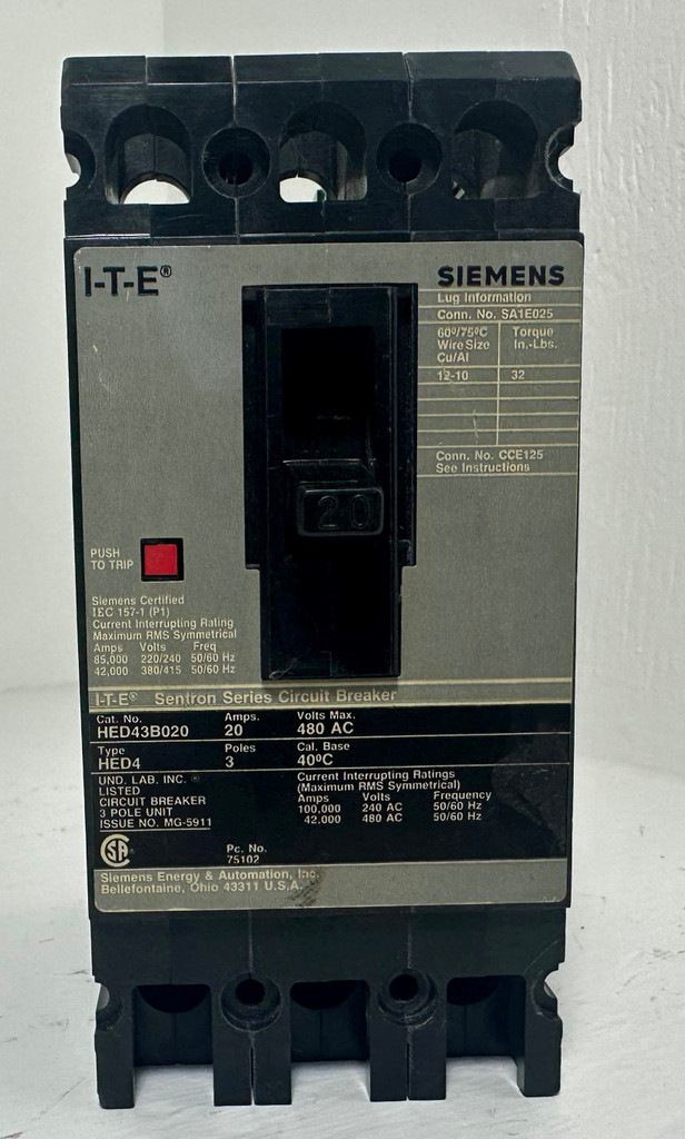 Siemens HED43B020 20A Sentron Circuit Breaker Type HED4 480V 3 Pole ITE 20 Amp (EM4818-1)