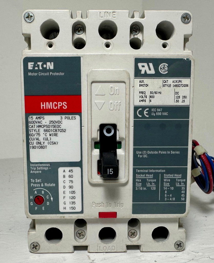 Eaton HMCPS015E0C 15A Circuit Breaker w/ Aux 480/600V 3 Pole HMCPS 15 Amp (EM4821-1)