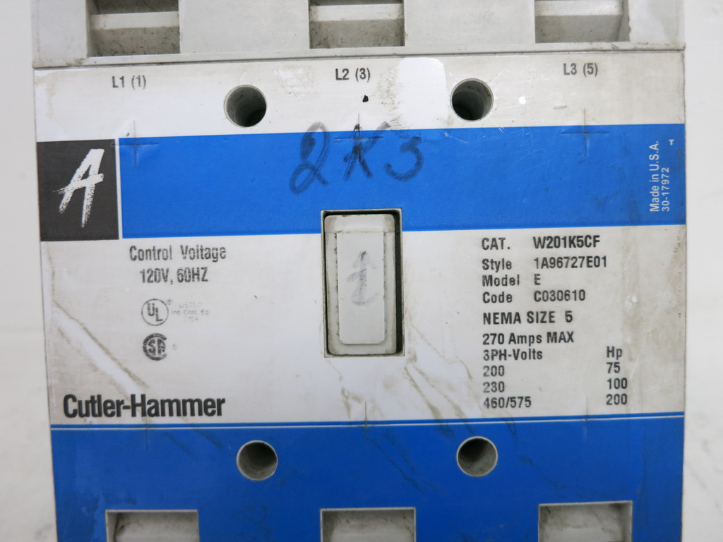Cutler Hammer W201K5CF Advantage Size 5 Contactor 120V 200 HP 1A96727E01 E (DW5706-1)