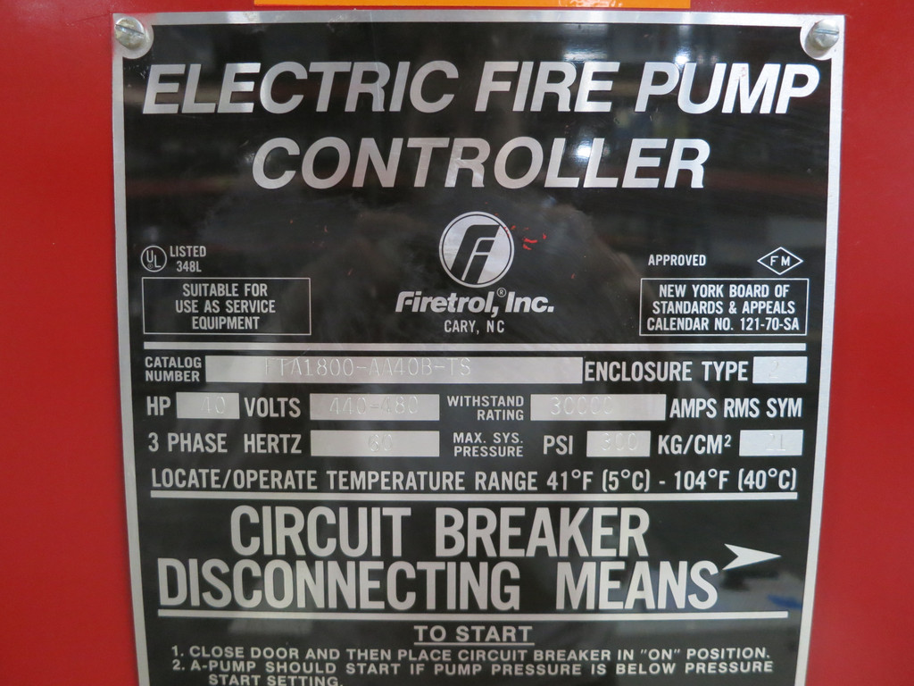Firetrol FTA1800-AA40B-TS 40HP Fire Pump Controller 480V FTA900 Transfer Switch (DW5729-1)