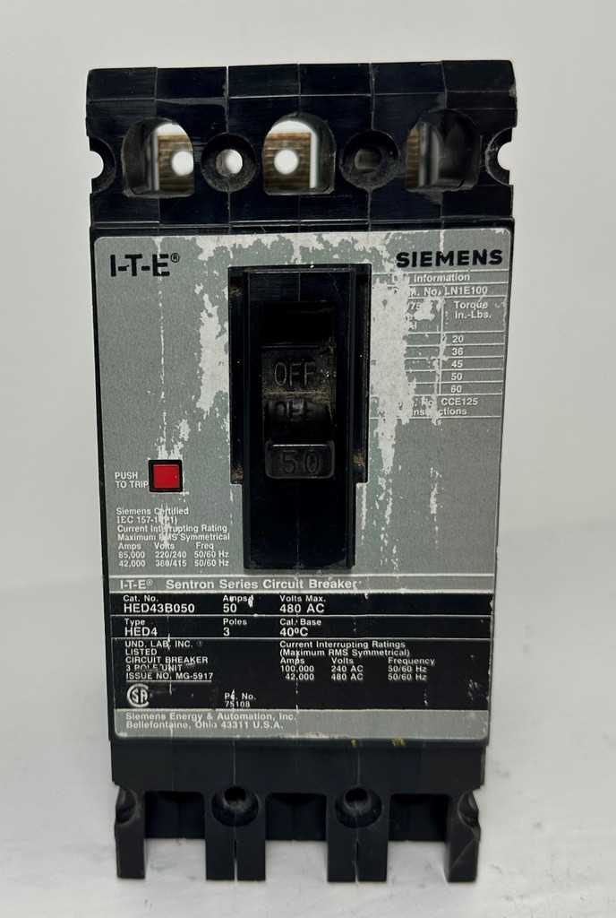 Siemens HED43B050 50A Sentron Circuit Breaker Type HED4 480V 3P 50 Amp bad label (EM4881-5)