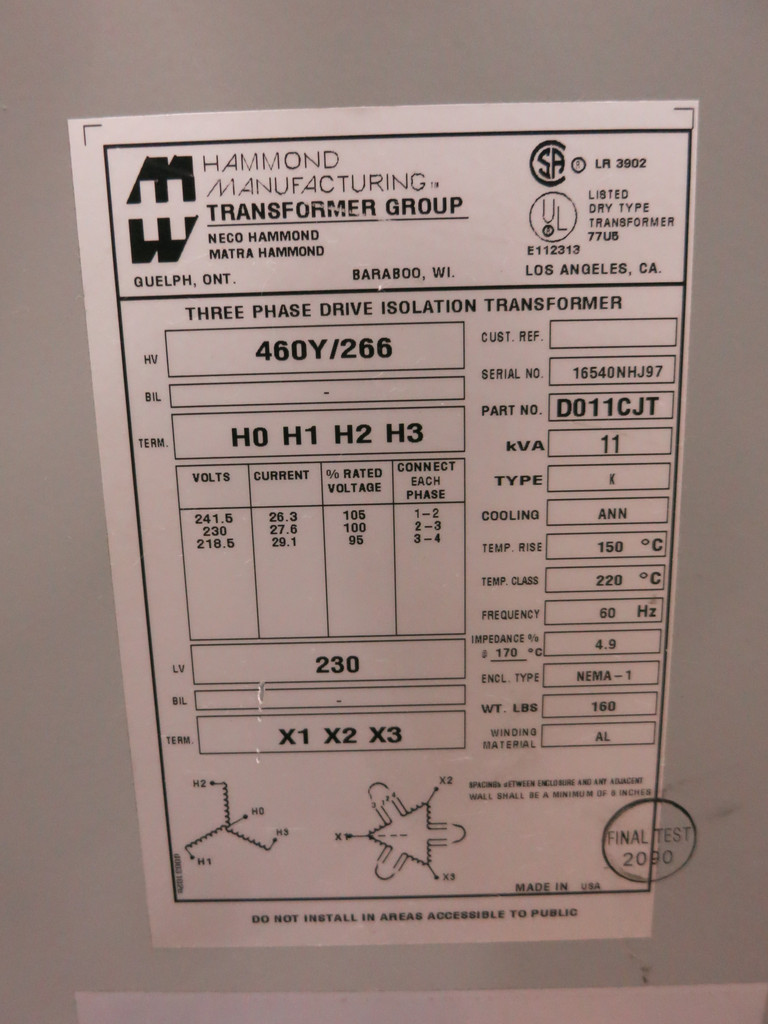 Hammond 11 kVA 460Y/266 to 230 Delta V 3PH Transformer D011CJT 460V 230V (DW5767-1)