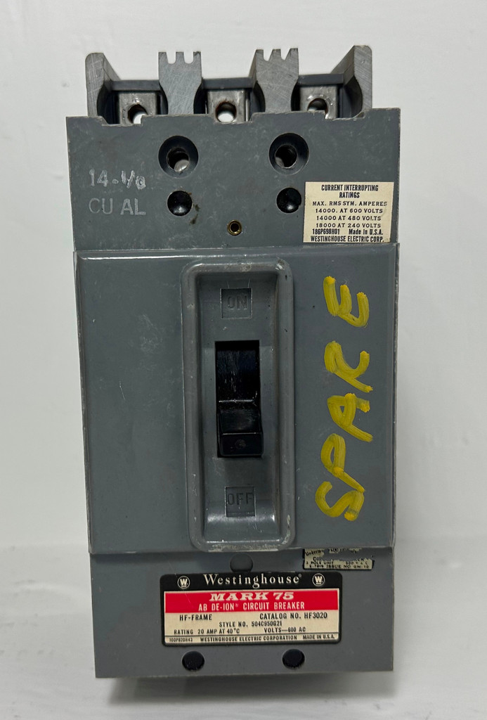 Westinghouse HF3020 20A AB De-Ion Circuit Breaker Mark 75 HF Frame 600V 20 Amp (EM4912-3)