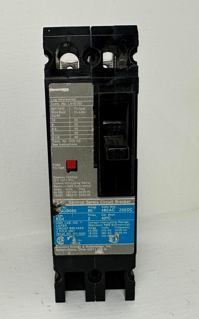 Siemens ED42B080 80A Sentron 2 Pole Circuit Breaker ED4 480 VAC 2P ITE 80 Amp (EM4916-1)