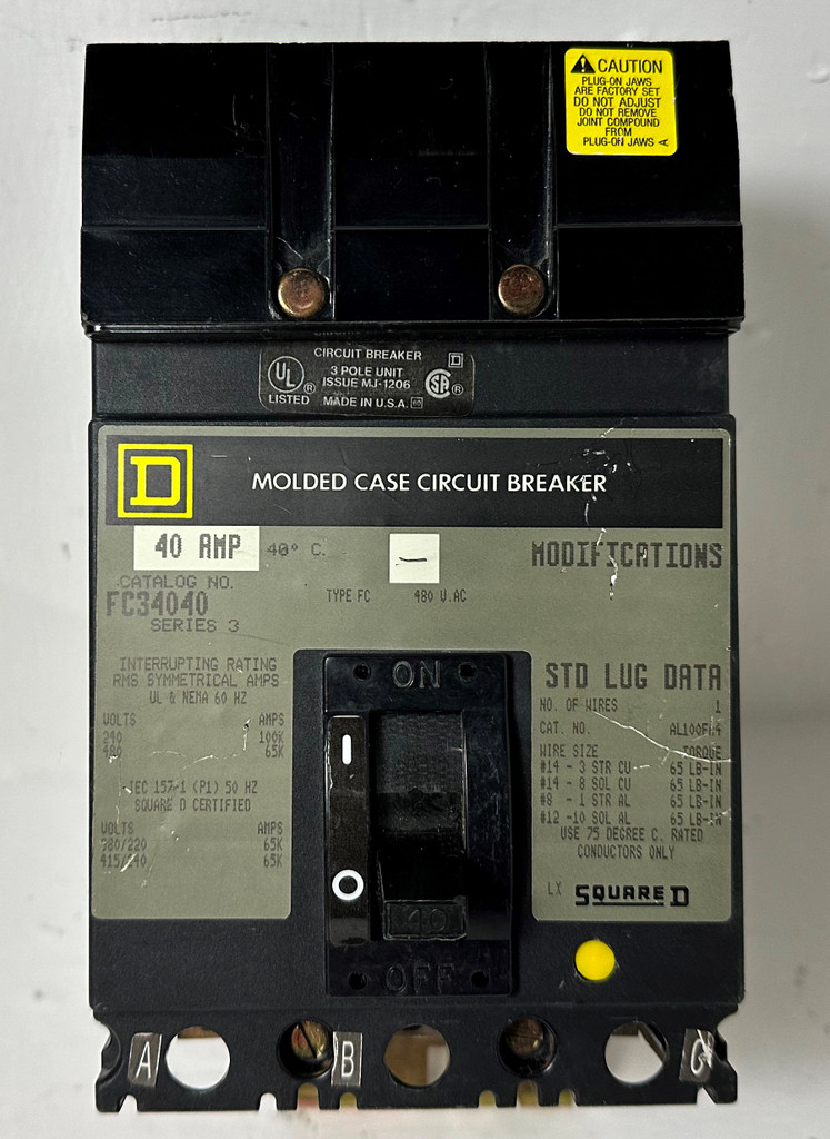 Square D I-Line FC34040 40A Circuit Breaker 480 VAC 3 Pole Type FC 40 Amp 3P (EM4933-4)