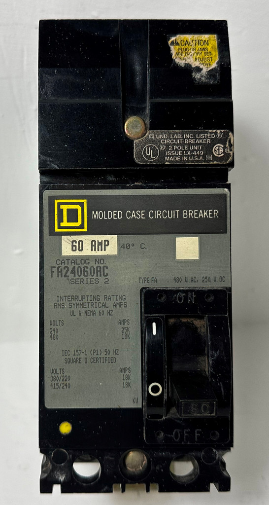 Square D I-Line FA24060AC 60A 2 Pole Circuit Breaker 480 VAC Type FA 2P 60 Amp (EM4939-1)