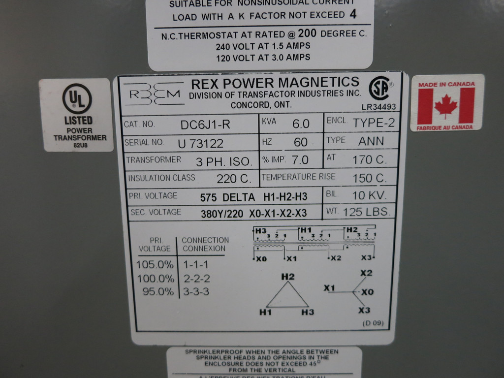 NEW REX 6 kVA 575 Delta to 380Y/220 V 3PH Transformer DC6J1-R 6kVA 575V (DW5869-1)
