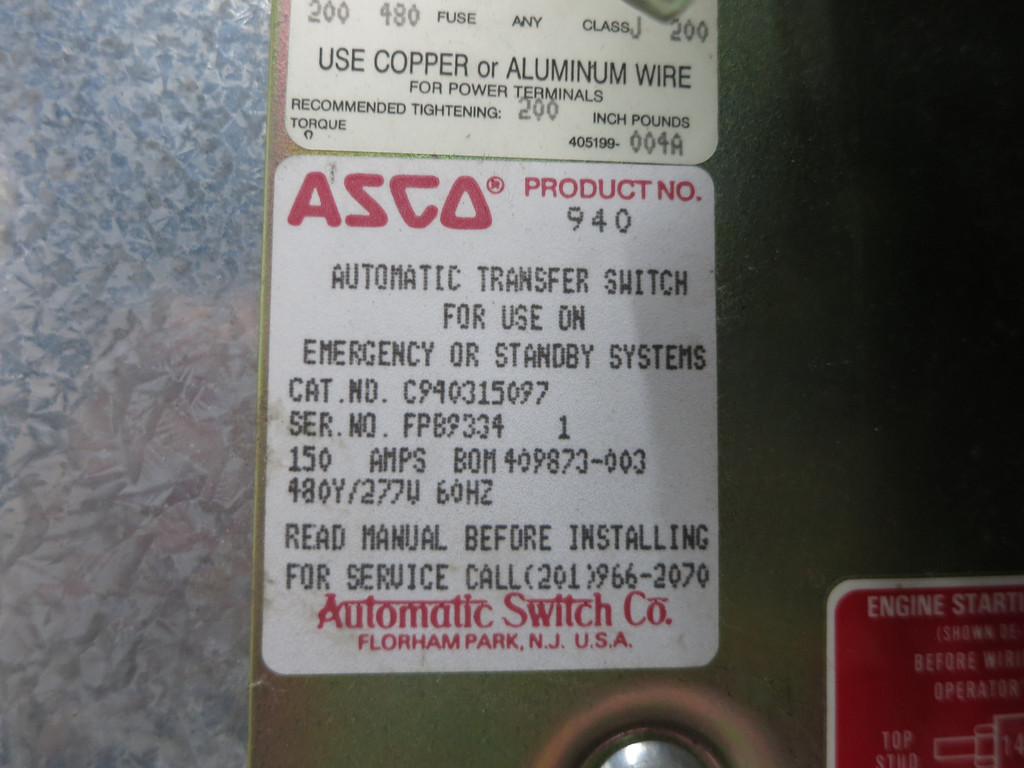 ASCO C940315097 150A 480V Automatic Transfer Switch Bulletin 940 150 Amp ATS (DW5873-1)