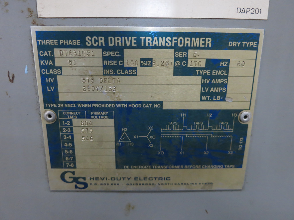 Hevi Duty 51 kVA 575 Delta to 230Y/133 V 3PH Dry Type Transformer DT631H51 600V (DW5895-1)