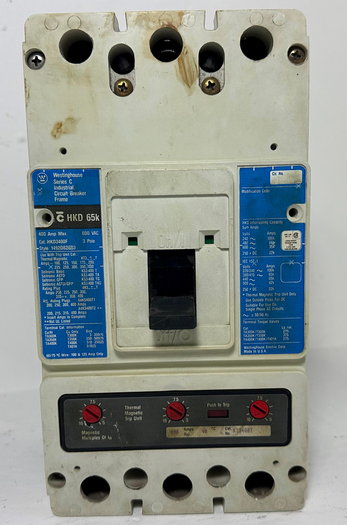 CH Westinghouse HKD3400F 400A Circuit Breaker w 400 Amp Trip 480/600V 3P HKD3400 (EM4952-1)