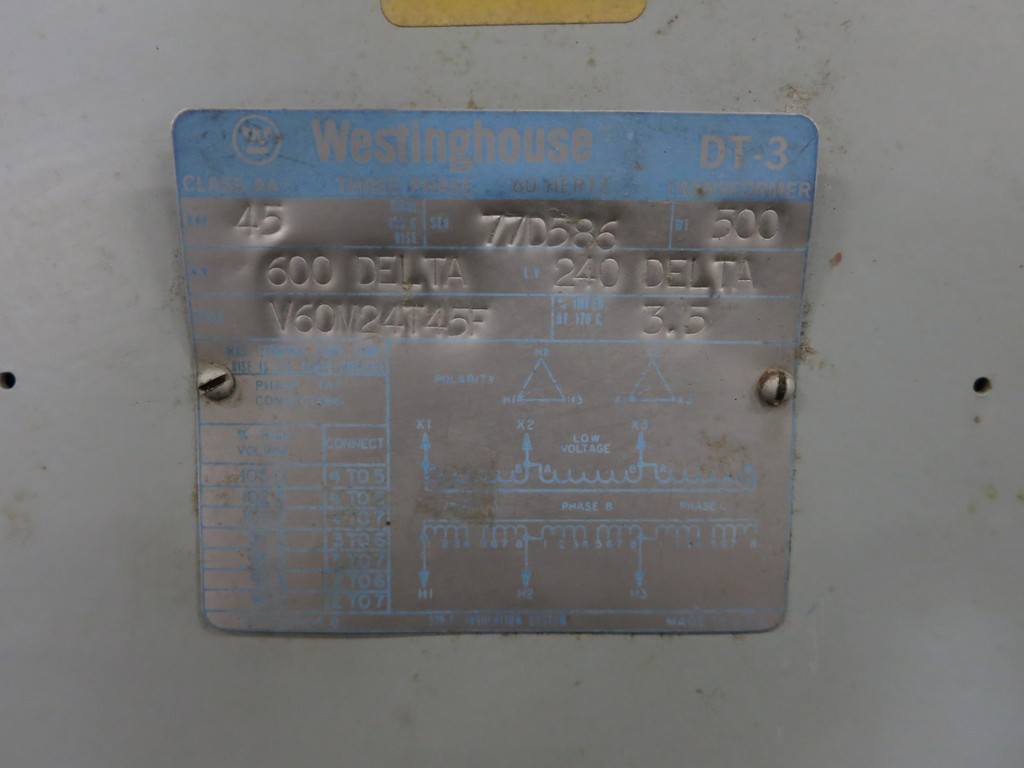 Westinghouse 45 kVA 600 Delta to 240 Delta 3PH Dry Type Transformer V60M24T45F (DW5892-1)