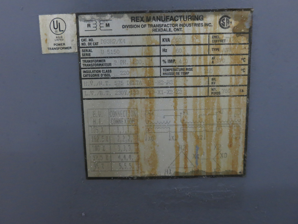 REX 93 kVA 575 Delta to 230Y/133 V 3PH Dry Type Transformer D93HP/K4 600V (DW5916-1)