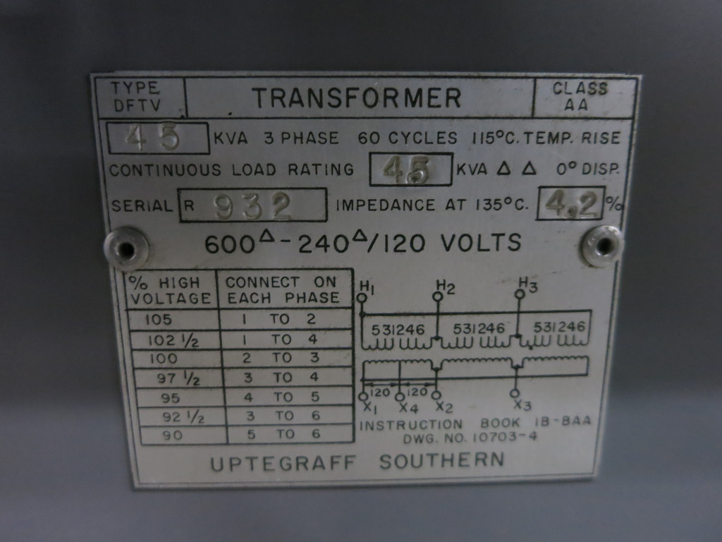 Uptegraff 45 kVA 600 Delta to 240 Delta V 3PH Dry Type Transformer DFTV 600V (DW5919-1)