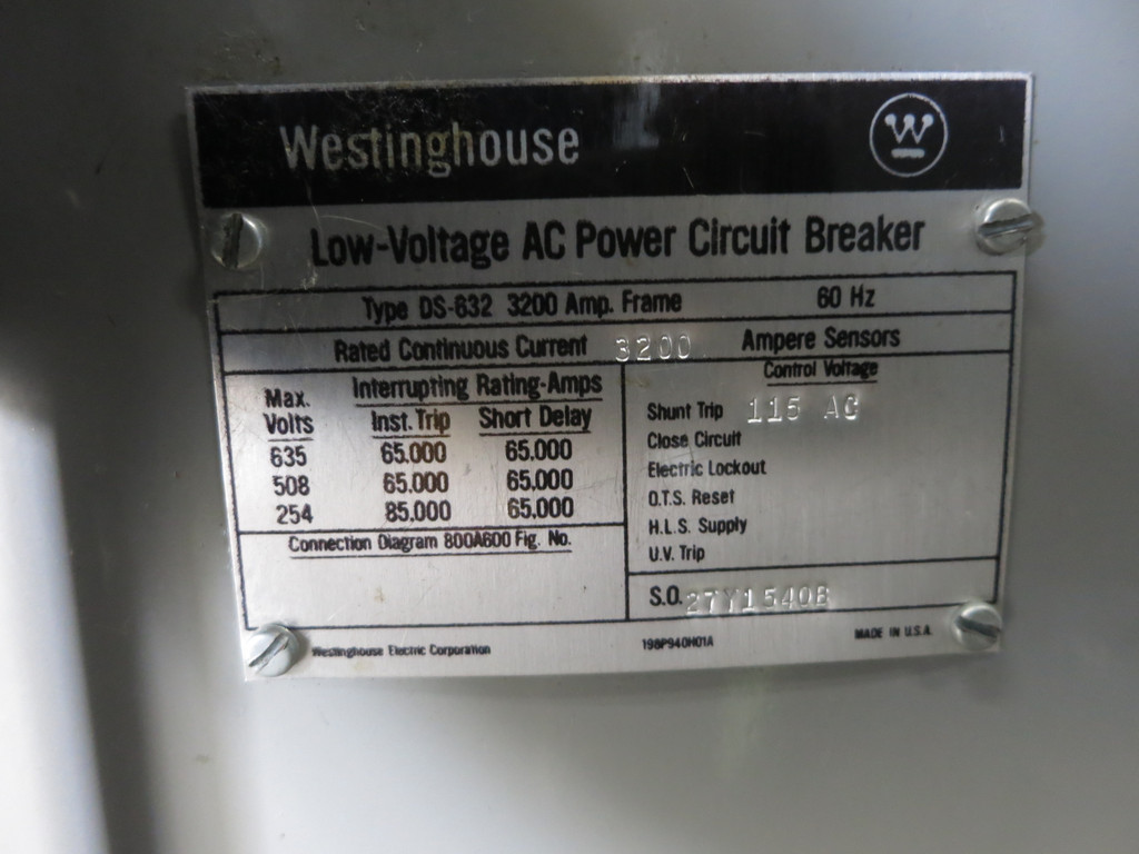 Westinghouse DS-632 3200A Circuit Breaker LSI Amptector II-A Model TR 3200 Amp (DW5930-2)