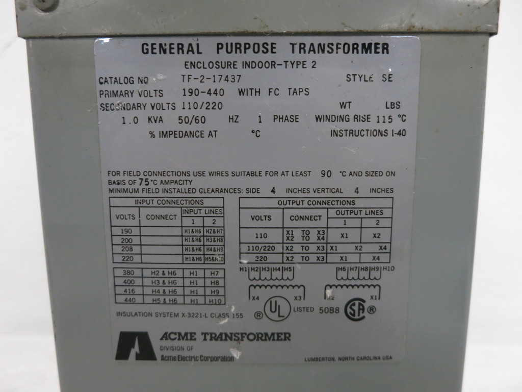 ACME 1 kVA 190-440 - 110/220 V 1PH Transformer TF-2-17437 208V/416V Single Phase (DW5944-1)
