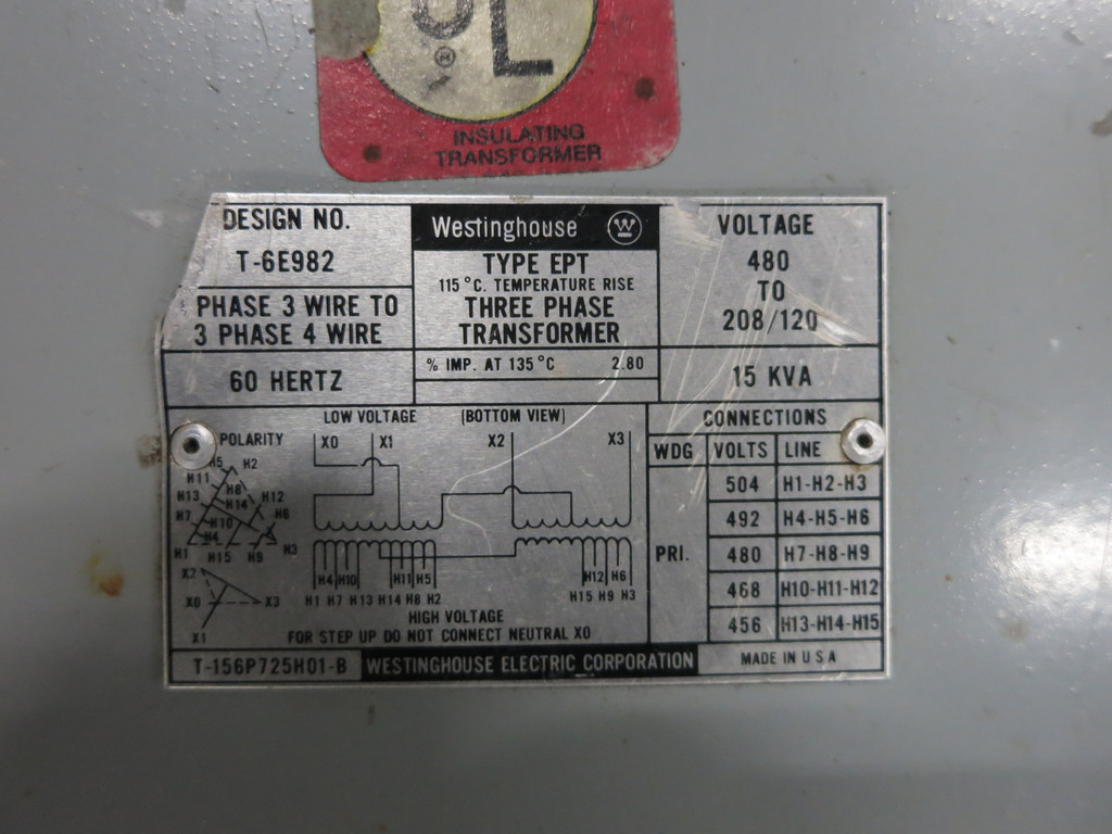 Westinghouse 15 kVA 480 Delta to 208Y/120 V 3PH Dry Type Transformer T-6E982 (DW5948-1)