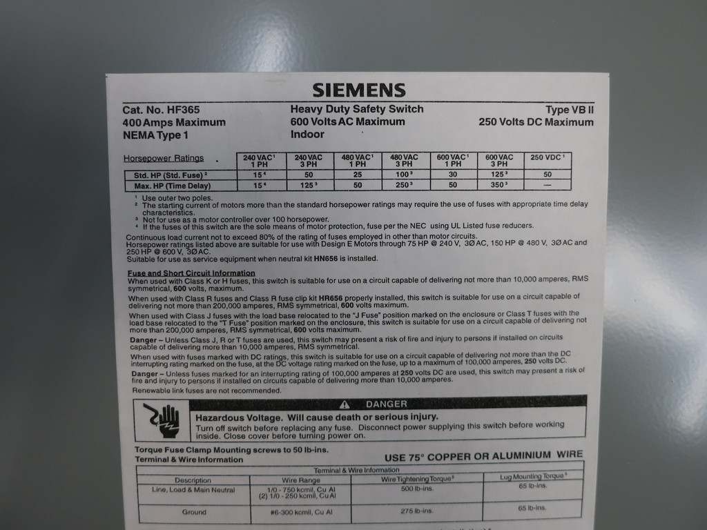 Siemens HF365 400A 600V Fusible Safety Switch Disconnect VBII 400 Amp HF365N (DW5980-1)