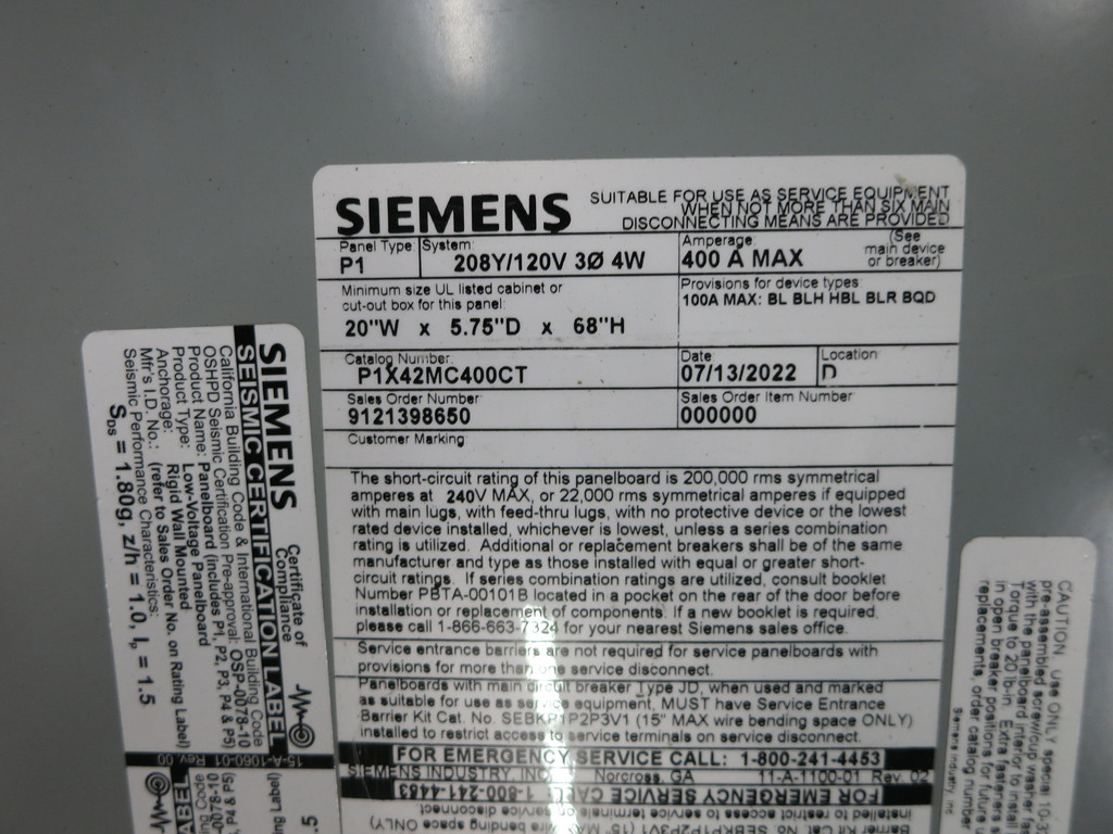Siemens 400A P1X42MC400CT Breaker Panel Board MLO 208Y/120V 3PH 4W 400 Amp P1 (DW6003-1)