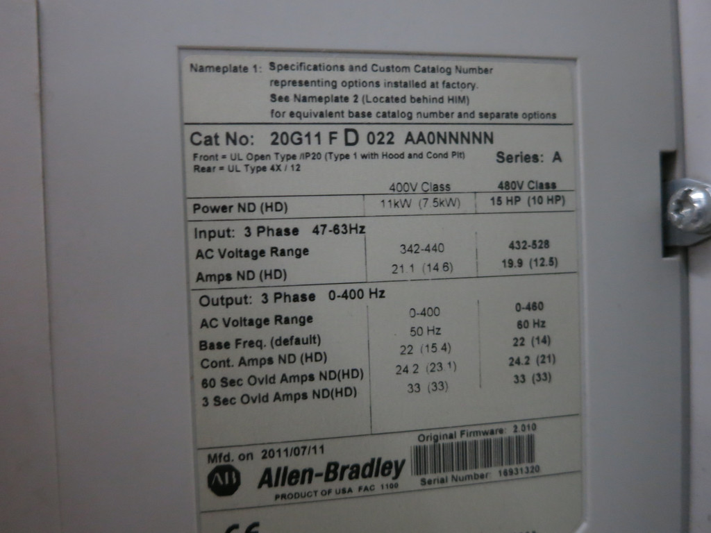 Allen Bradley 20G11FD022AA0NNNNN PowerFlex 755 15 HP 480V AC VS Drive 22A (DW6041-1)