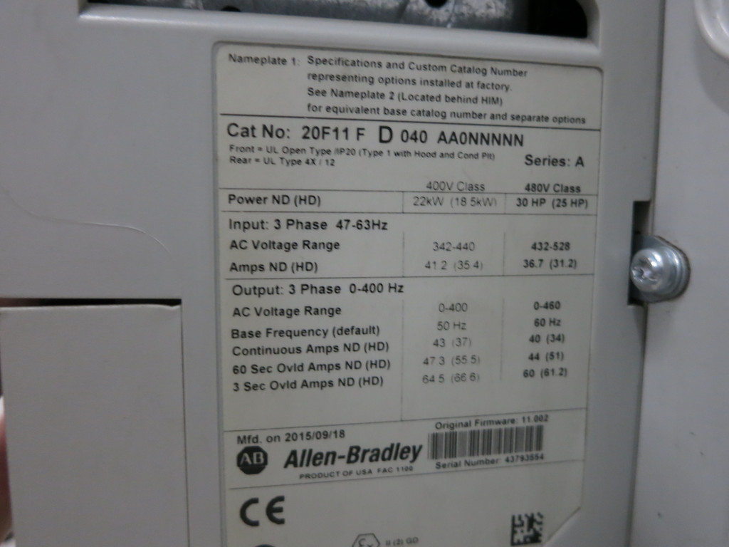 NEW Allen Bradley 20F11FD040AA0NNNNN PowerFlex 753 30 HP 480V AC VS Drive 40A (DW6037-1)