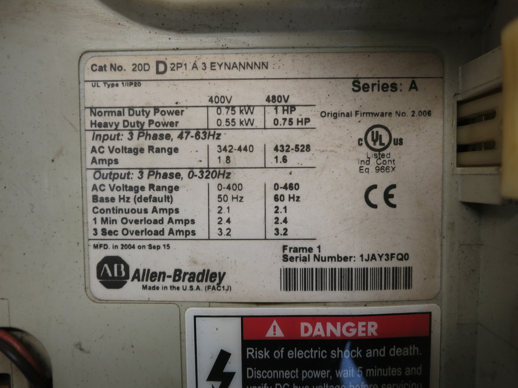 Allen Bradley 20DD2P1A3EYNANNN 1 HP PowerFlex 700S 480V AC VS Drive 2.1A (DW6065-1)