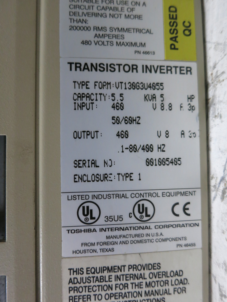 Toshiba VT130G3U4055 5 HP G3 Tosvert-130 460V AC VS Drive Transistor Inverter (DW6086-2)