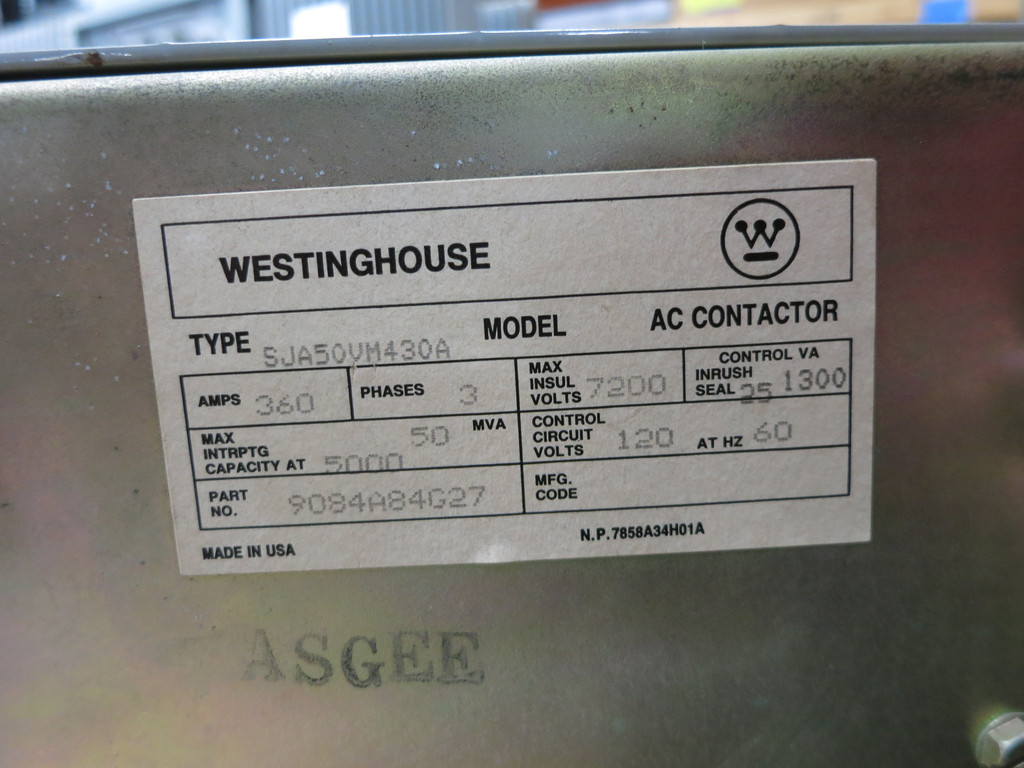 Westinghouse SJA50VM430A 360A 7200V Vacuum Contactor Ampgard 9084A84G27 7.2kV (DW6123-1)