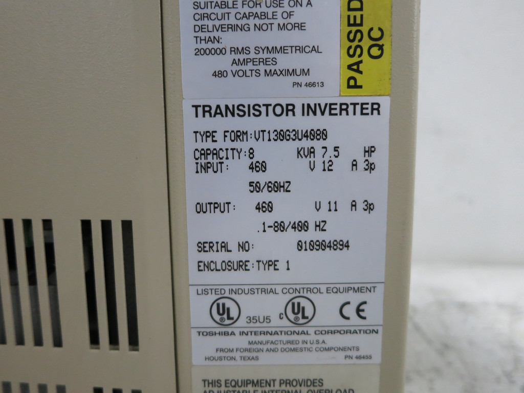 Toshiba VT130G3U4080 7.5 HP G3 Tosvert-130 460V AC VS Drive Transistor Inverter (DW6166-2)