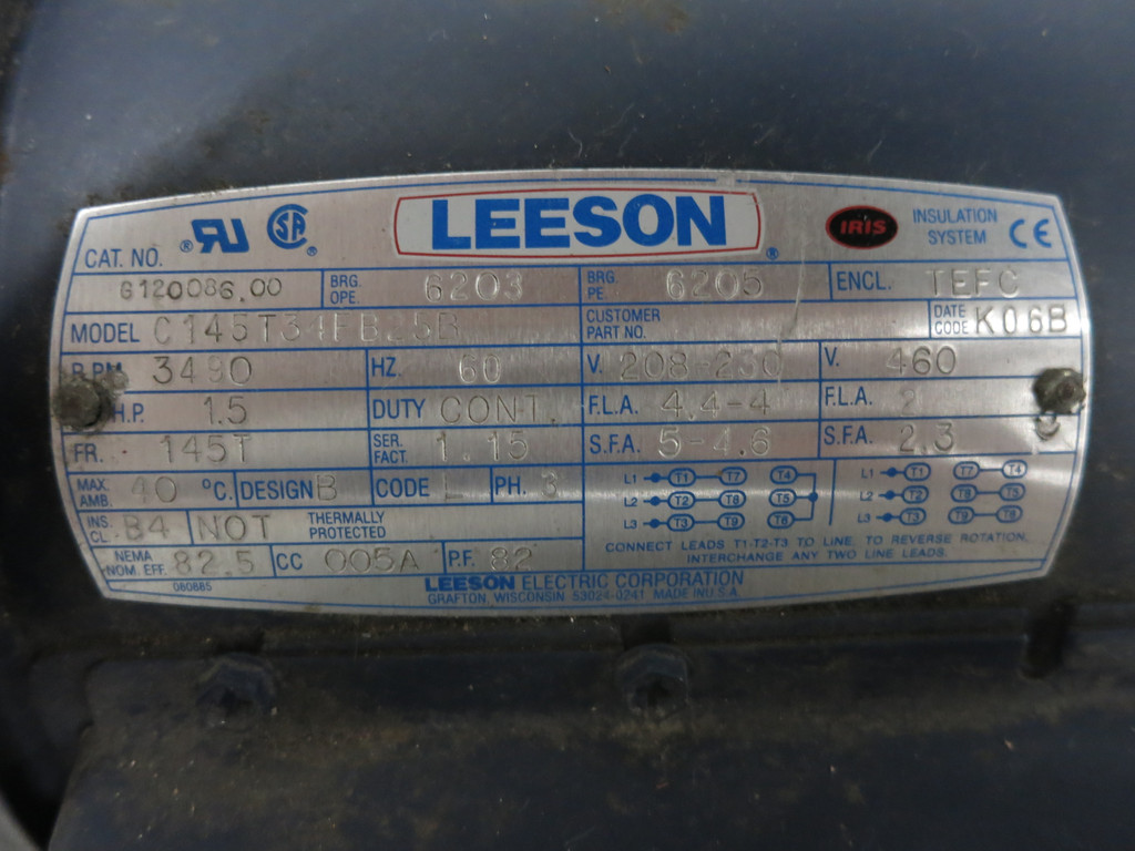 Leeson G120086.00 1.5 HP AC Motor 208-230/460V 3490 RPM C145T34FB25B TEFC 145T (DW6179-1)