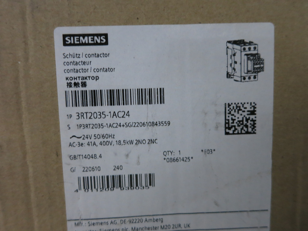 NEW Siemens 3RT2035-1AC24 Sirius Motor Contactor 24V Coil 20/30HP @ 460V (DW6215-1)