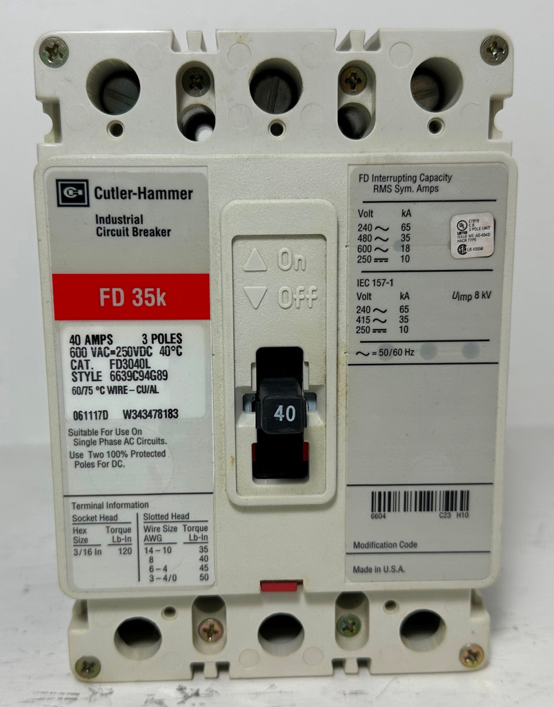 NEW Cutler-Hammer FD3040L 40A Circuit Breaker Glossy Red 600V FD3040 40 Amp NIB (EM5080-1)