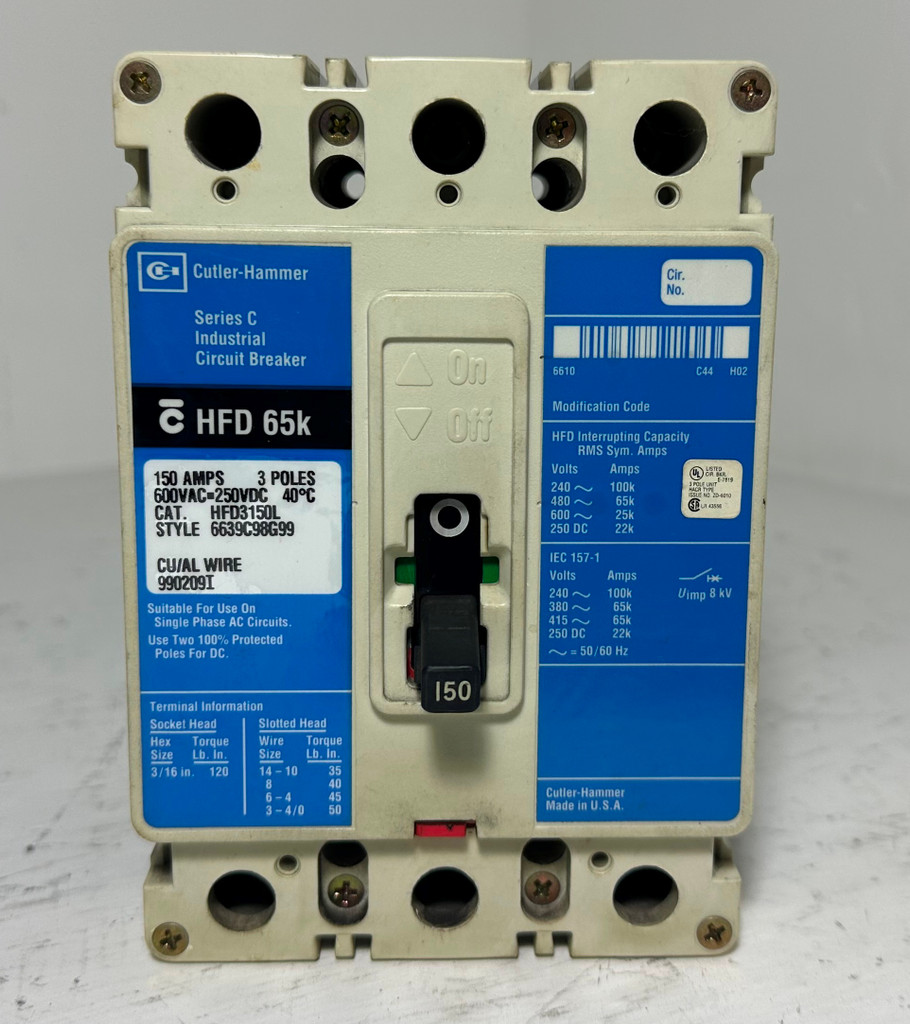 Cutler-Hammer HFD3150L 150A Circuit Breaker Glossy Blue 3P 600V HFD3150 150 Amp (EM5082-2)